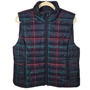 Ann Taylor LOFT Puffer Vest‎ Jacket Women's Size Large L Blue Check Pockets